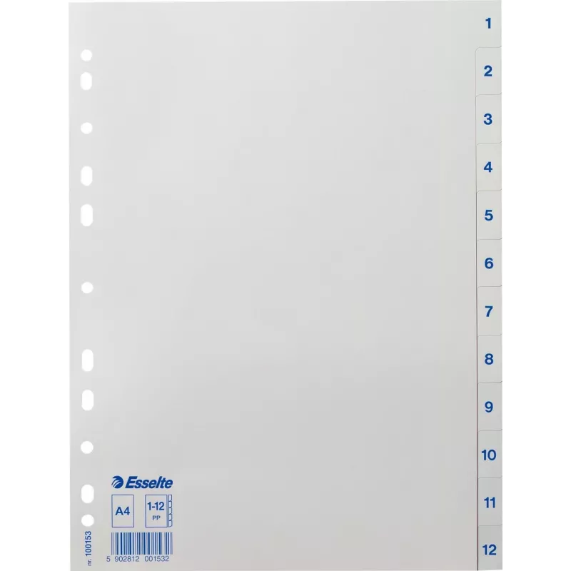 LEITZ Esselte muovirekisteri, numeroitu 1-12, A4, valkoinen, yleisreijitys, 10 sarjaa (100153)