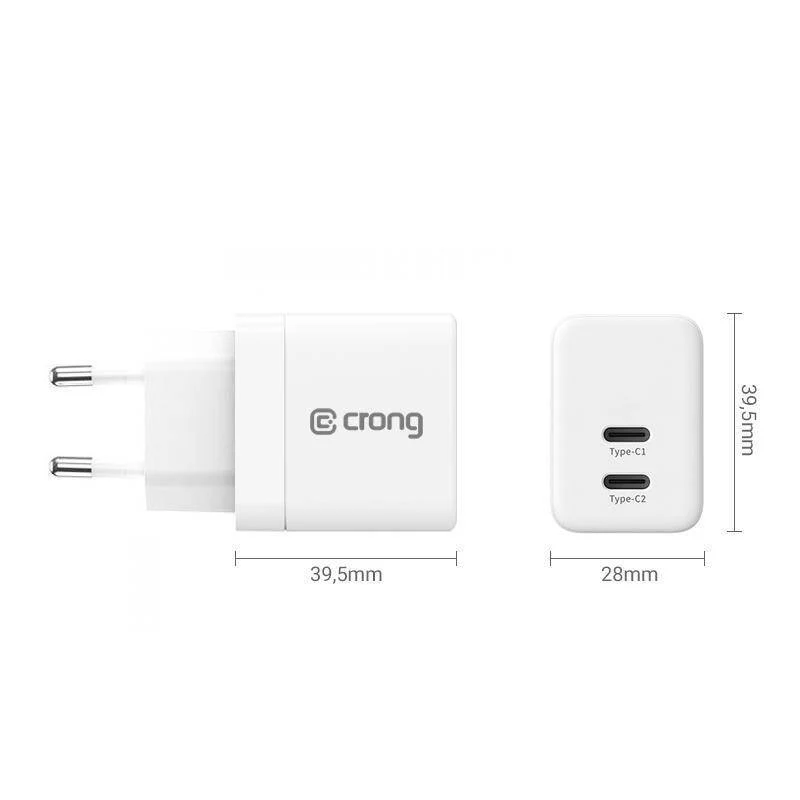 CRONG 35W Dual USB-C PD 3.0 PPS GaN seinälaturi - valkoinen
