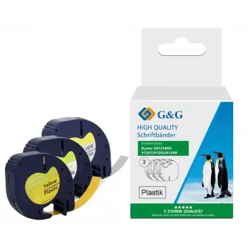 G&G TD-RL-D-91201/2/8-3P merkintänauhasarja, 12 mm, 3 kpl:n pakkaus (valkoinen, keltainen, hopea mustalle), yhteensopiva DYMO D1