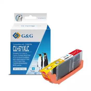 G&G High Yield syaani muste kasetti yhteensopiva Canon CLI-571XLC / 0332C001 (13857)