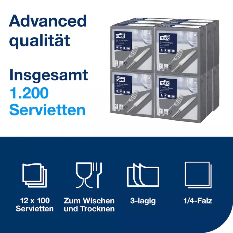 TORK Soft Dinner Advanced antrasiitti 3-kerroksiset lautasliinat 39 x 39,5 cm, 100 kpl (509401)