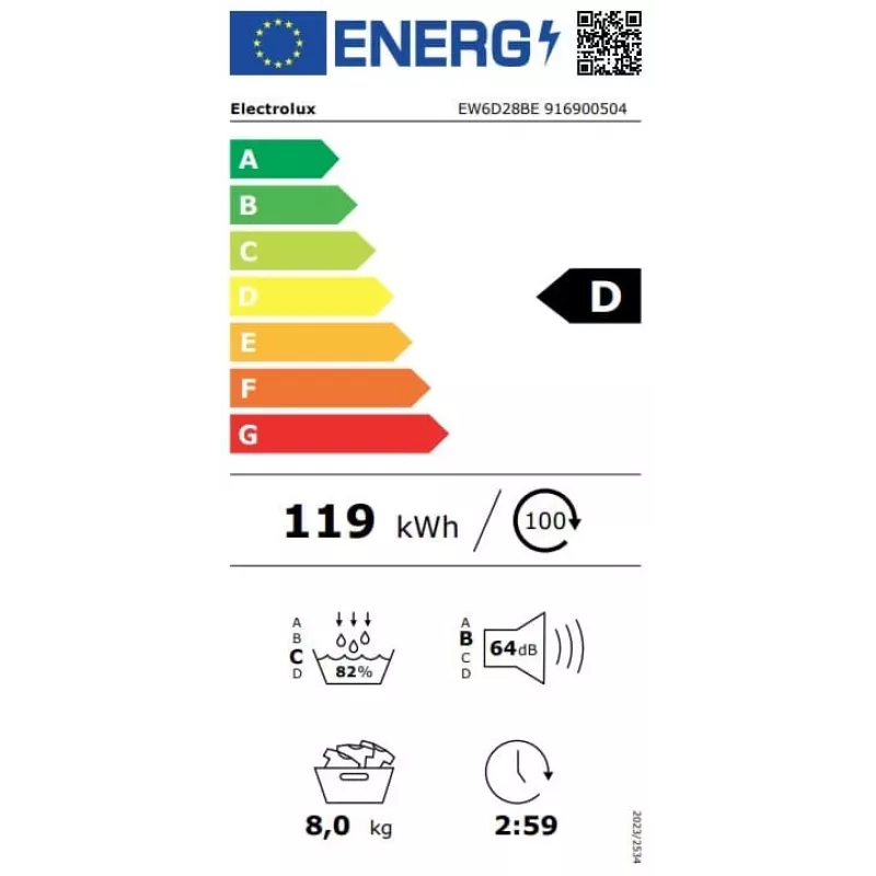 Electrolux EW6D28BE 8kg lämpöpumppukuivausrumpu, A+++ energialuokka, valkoinen