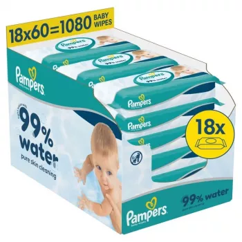 Pampers Aqua vauvan kosteuspyyhkeet, 18 pakkausta à 60, 1080 kpl, 99% puhdasta vettä, hajusteeton