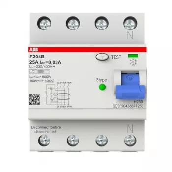 ABB tyyppi B RCCB 4P 25A 30mA 3kA 4 moduulia F204B-25/0.03-4TE 2CSF204568R1250