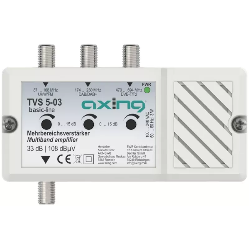 AXING TVS 5-03 monikaistavahvistin 33 dB, 3 tuloa FM/DAB/DAB+/DVB-T2