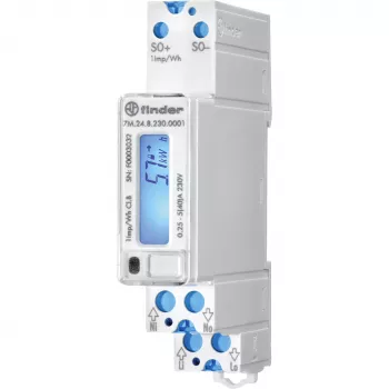Finder 7M.24.8.230.0001 yksivaiheinen digitaalinen energiamittari, 230 V AC, 5(40) A, luokka 1, LCD, S0-pulssilähtö, DIN-kisko, 1 moduuli, ei MID-yhteensopiva