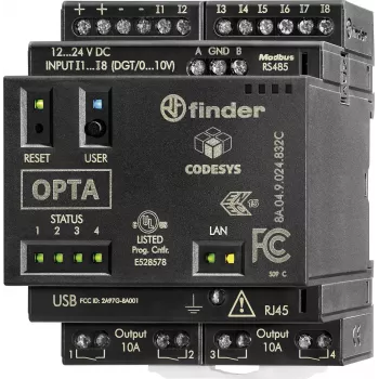 Finder ohjelmoitava logiikkarele (PLR) PLC-ohjausmoduuli, 24 V DC, 8 digitaalituloa, 4 analogiatuloa, 4 relelähtöä, 8 A, LCD-näyttö, DIN-kiskoasennus, 8A.04.9.024.832C