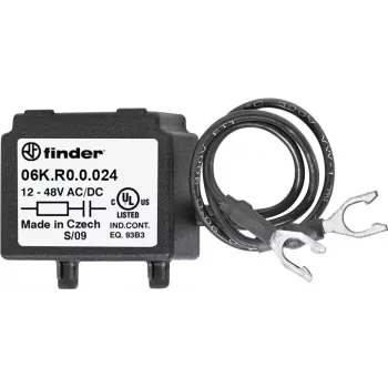 Finder 06K.R0.0.024 RC-sammutusmoduuli relekäämeille, 6-24V AC/DC, 100Ω + 0,1µF, pistokemoduuli