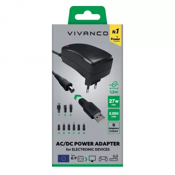 Vivanco yleinen AC/DC-virtalähde 27 W 7 DC-pistokkeella ja USB-liitännällä VVITADAPT27WUN