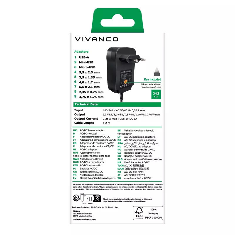 Vivanco yleinen AC/DC-virtalähde 27 W 7 DC-pistokkeella ja USB-liitännällä VVITADAPT27WUN