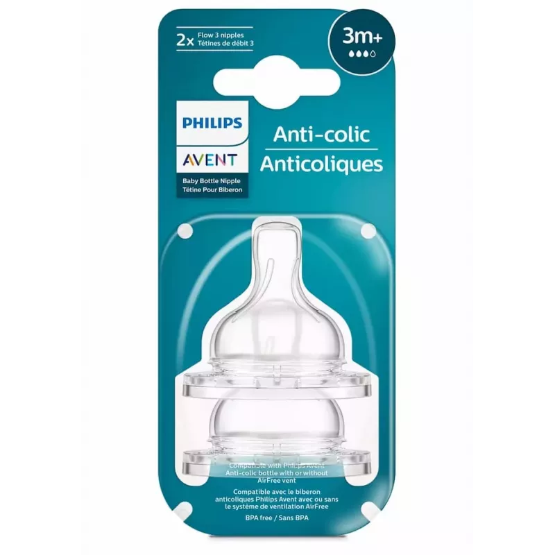 Philips Avent Anti-colic tuttipullon silikonitutti, keskivirtaus, 3M+, 2 kpl:n pakkaus