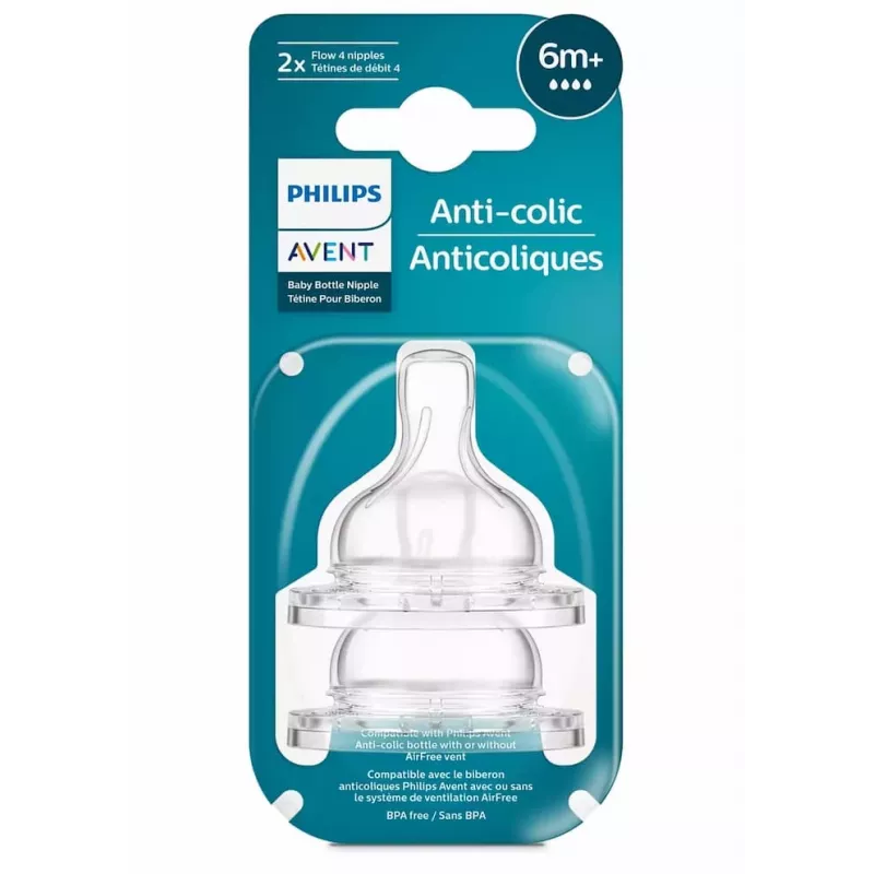 Philips Avent Anti-Colic -tuttipullon silikonitutti, nopea maidonvirtaus, 6M+, 2 kpl:n pakkaus