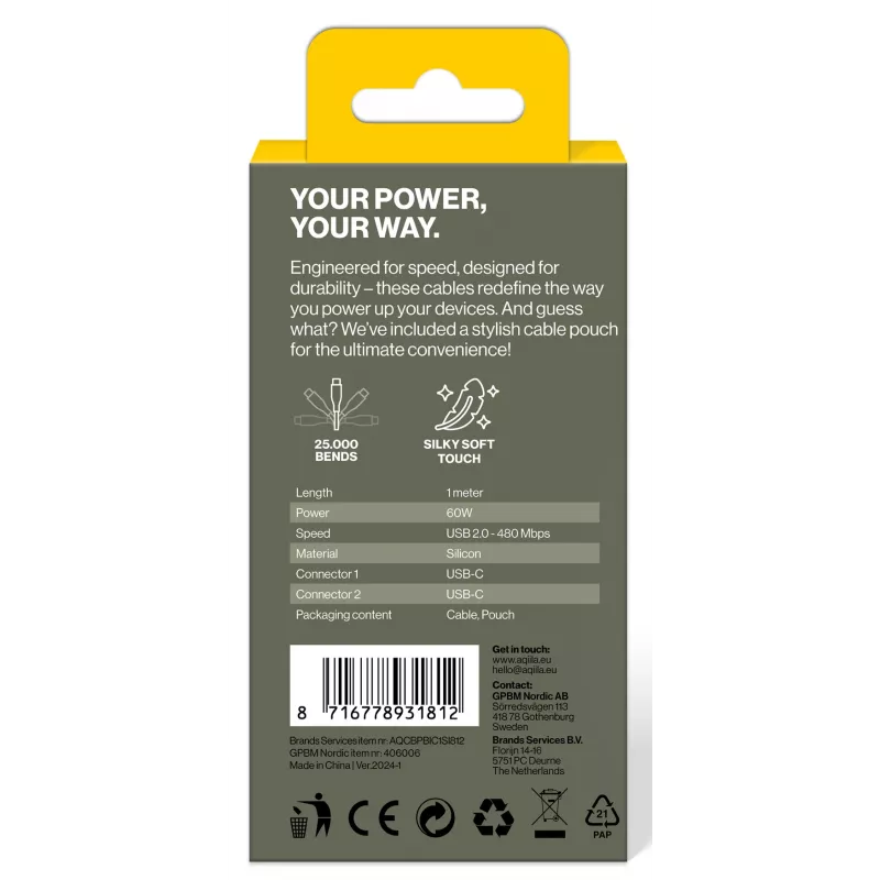 AQIILA Cablebird CS11 USB-C - USB-C lataus- ja synkronointikaapeli 1m 60W musta AQCBPBIC1SI812