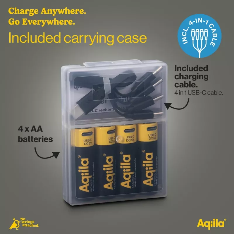 AQIILA USB-C ladattavat AA litium-ioni-akut, 1,2V, 4 kpl:n pakkaus (AQ200AA367C4)