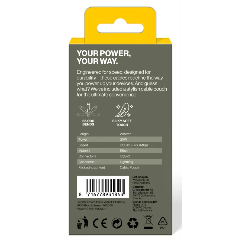 AQIILA 4SI843 USB-C Lightning lataus- ja synkronointikaapeli 2m 60W PD AQCBPBIC4SI843