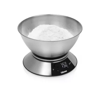 Tristar KW-2453 digitaalinen keittiövaaka ruostumattomalla teräskulholla, 5 kg kapasiteetti, 1 g tarkkuus, LCD-näyttö, taaratoiminto, hopea