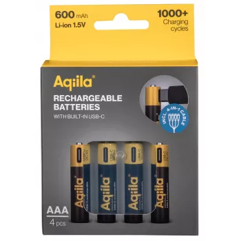 AQIILA AAA NiMH akut USB-C, 1,2 V, 600 mAh, 4 kpl:n pakkaus AQ60AAA374C4
