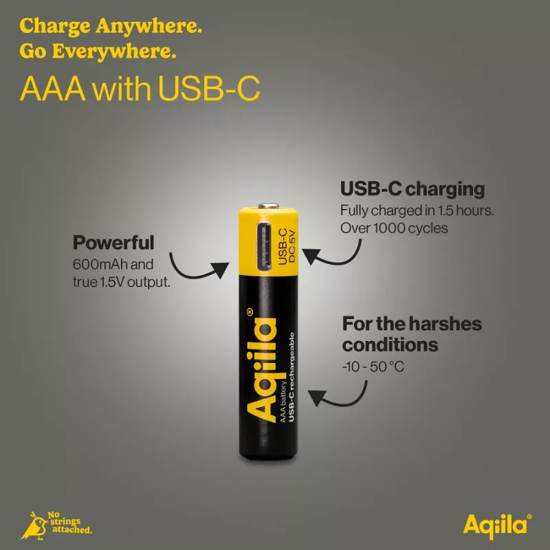 AQIILA AAA NiMH akut USB-C, 1,2 V, 600 mAh, 4 kpl:n pakkaus AQ60AAA374C4
