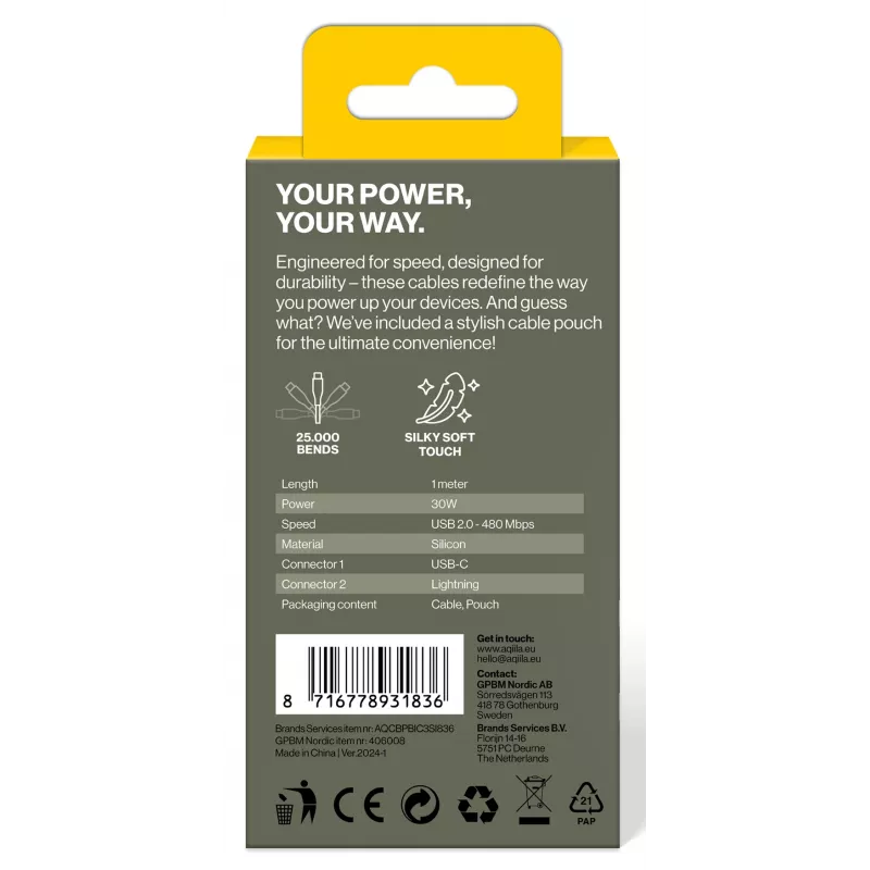 AQIILA 3SI836 USB-C Lightning lataus- ja synkronointikaapeli 1m AQCBPBIC3SI836