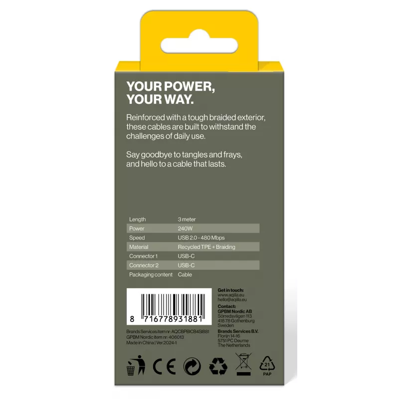 AQIILA USB-C USB-C lataus- ja synkronointikaapeli 3 m musta AQCBPBICB4BD881