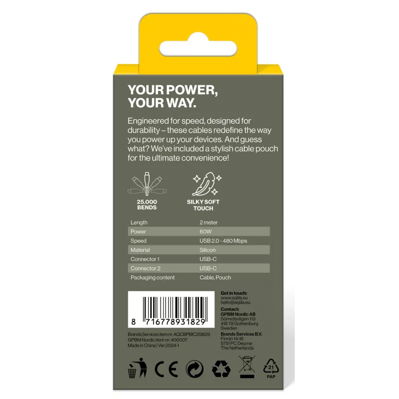 AQIILA Cablebird CS12 USB-C - USB-C -lataus- ja synkronointikaapeli 2m 60W musta AQCBPBIC2SI829