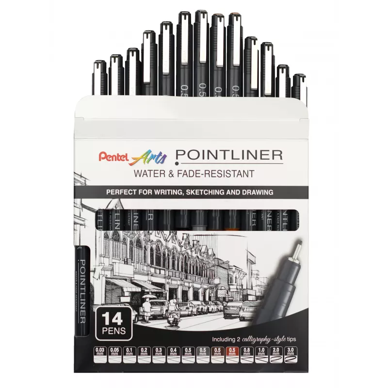Pentel Arts Pointliner -pysyvä hienotussisarja, 14 eri viivanleveyttä 0,03 mm–3,0 mm, musta muste (YS20P-14)