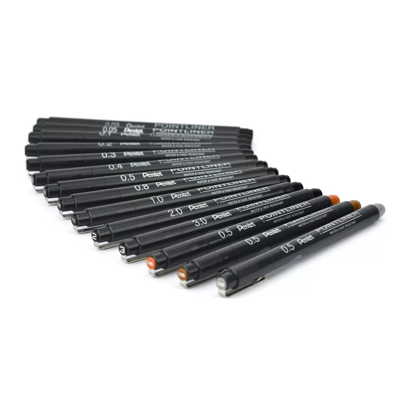 Pentel Arts Pointliner -pysyvä hienotussisarja, 14 eri viivanleveyttä 0,03 mm–3,0 mm, musta muste (YS20P-14)