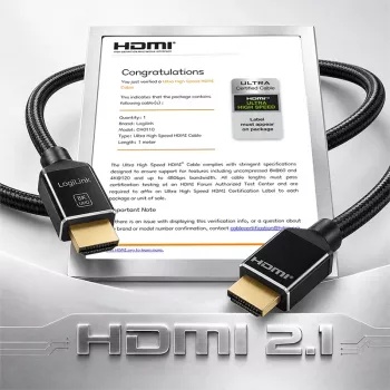 LogiLink HDMI-kaapeli 8K/60 Hz 48 Gbps metalli nylon sertifioitu musta 1 m