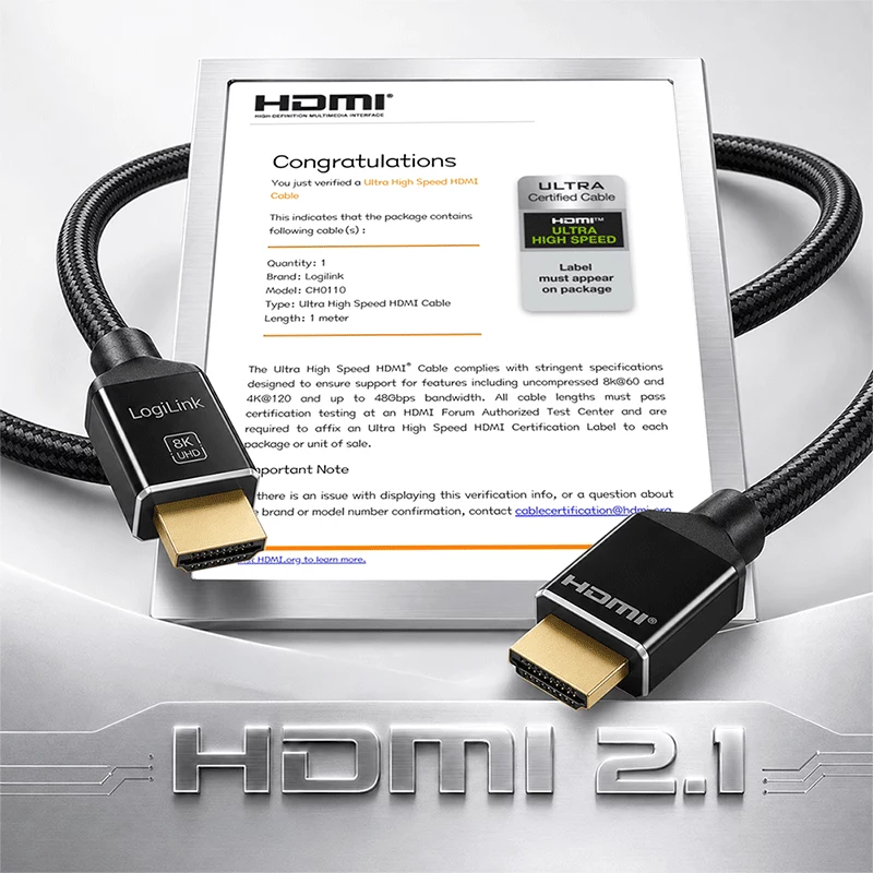 LogiLink HDMI-kaapeli 8K/60 Hz 48 Gbps metalli nylon sertifioitu musta 1 m