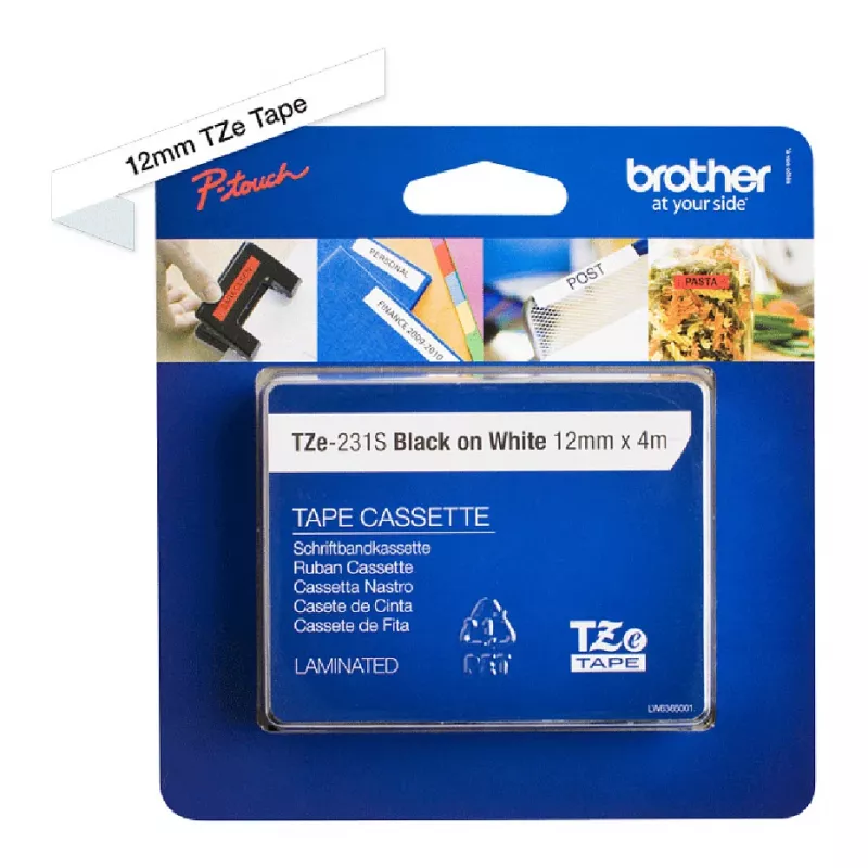 Brother TZe-231S 12mm musta teksti valkoisella laminoidulla merkintänauhalla (4m)