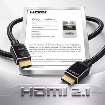 LogiLink HDMI-kaapeli, A/M - A/M, 8K/60 Hz, 48 Gbps, metalli, nylon, sertifioitu, musta, 3 m