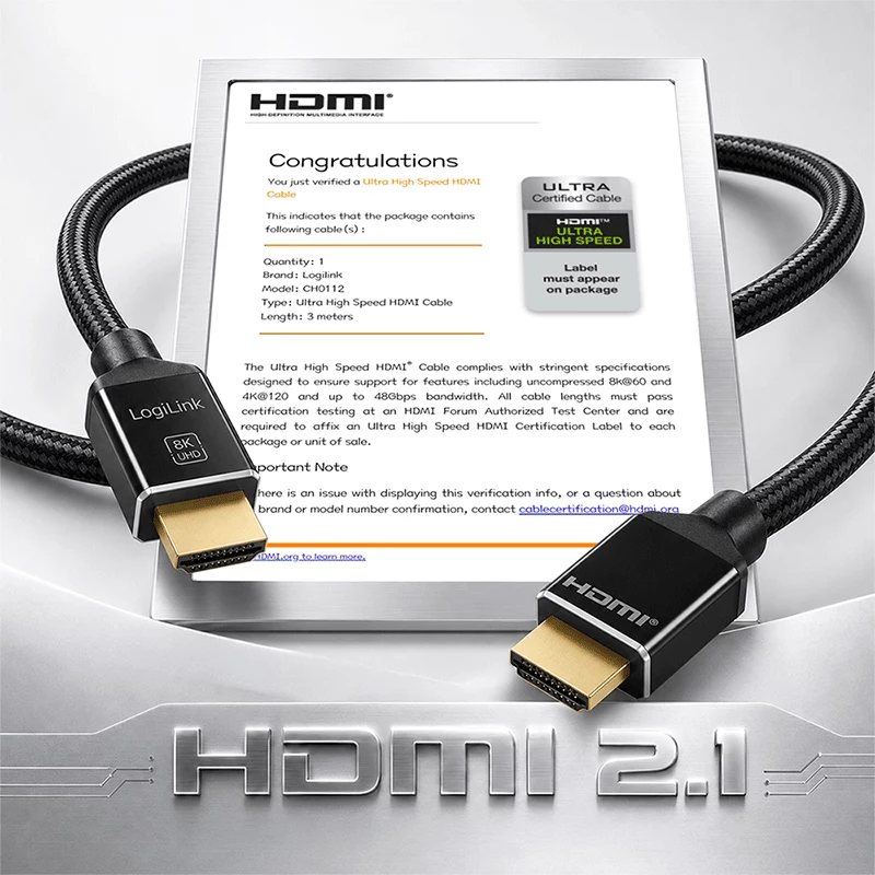 LogiLink HDMI-kaapeli, A/M - A/M, 8K/60 Hz, 48 Gbps, metalli, nylon, sertifioitu, musta, 3 m