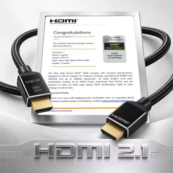 LogiLink HDMI-kaapeli A/M - A/M 8K/60 Hz 48 Gbps metalli nylon sertifioitu musta 5 m