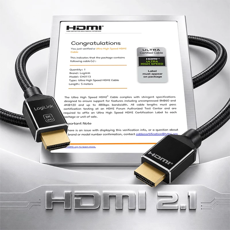 LogiLink HDMI-kaapeli A/M - A/M 8K/60 Hz 48 Gbps metalli nylon sertifioitu musta 5 m