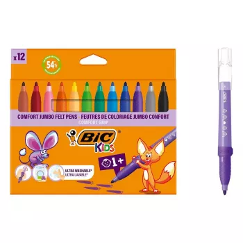 BIC KIDS Comfort Jumbo huopakynät, eri värejä, 12 kpl:n pakkaus, 1,4 mm kärki, pestävä 517250
