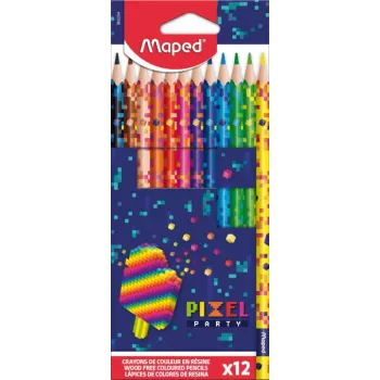 Maped PIXEL PARTY kolmikulmaiset värikynät, 12 eri väriä, pehmeä murtumaton lyijy, pixel-kuvioinen varsi, kartonkipakkaus 862204