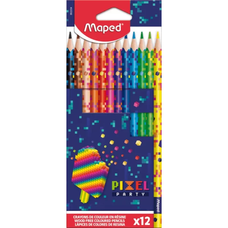 Maped PIXEL PARTY kolmikulmaiset värikynät, 12 eri väriä, pehmeä murtumaton lyijy, pixel-kuvioinen varsi, kartonkipakkaus 862204