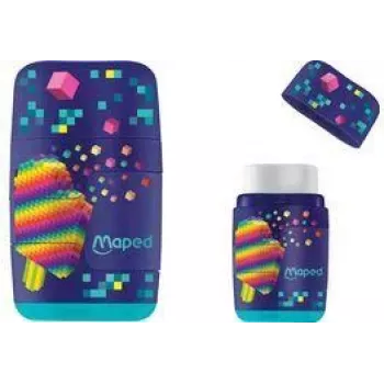 Maped Pixel Party pyyhekumi & kynänteroitin yhdistelmä, kaksoisreikä, läpinäkyvä säiliö, eri värit 049223