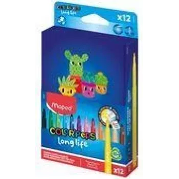Maped COLOR'PEPS Long Life 2 tussit, 12 eri väriä, 1,5 mm keskikokoinen pyöreä kärki, ilmastoitu turvakorkki, pestävä muste, pahvikotelo 844006