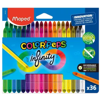 Maped COLOR'PEPS INFINITY kolmikulmaiset värikynät, 36 eri väriä, puuvapaa, 100 % pigmenttiydin, 10x pidempään kestävä, ergonominen kotelo 861623
