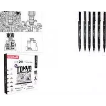 uni-ball fineliner PIN TOKYO, 6-osainen luova sarja, vesikestävä pigmenttimuste, metallipäällysteiset kärjet (CF PIN/6 001)