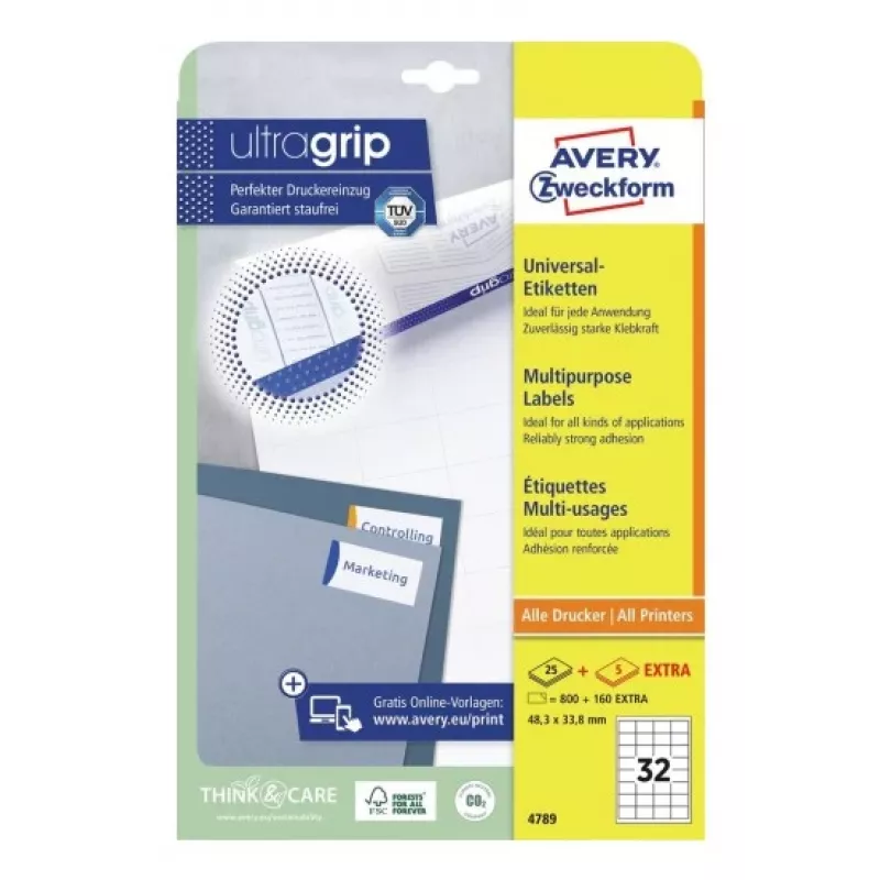 AVERY yleistarrat 48,3 x 33,8 mm valkoinen UltraGrip-teknologialla (480 kpl:n pakkaus) 4789