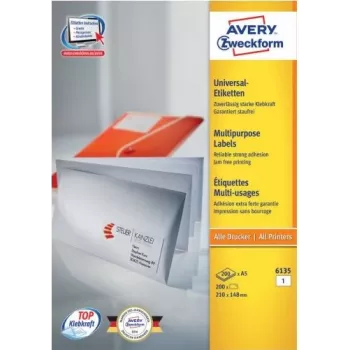 Avery 6135 valkoinen paperi pysyvästi liimautuvat tarrat A4 210 x 148 mm 200 tarraa