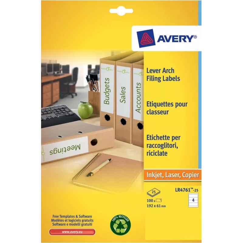 Avery LR4761-25 valkoiset arkistotarrat 61 x 192 mm 100 tarraa (25 arkkia x 4)