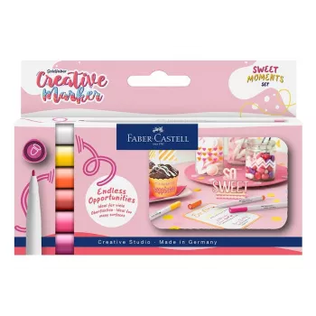 Faber-Castell Goldfaber Creative -merkkiainesetti, 6 väriä, Sweet Moments, vesipohjainen muste, hajuton, tahriintumaton, kaksoiskärki sivellin ja pyöreä kärki, uudelleenkäytettävä kotelo 160602