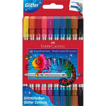 FABER-CASTELL glitter-kaksikärkiset huopakynät, 10 eri väriä, pestävä, 3–5 mm ja 1 mm kärjet 151107