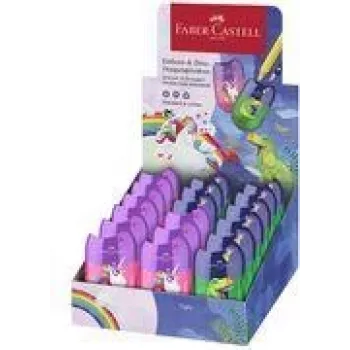 FABER-CASTELL kaksoisteroitin Box Dino/yksisarvinen, display lastusäiliöllä helppoon ja siistiin teroitukseen, 18 kpl (183551)