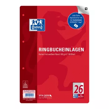 Oxford rengaskansion lisäpaperi A4 ruudullinen 50 arkkia 4-rei'itetty marginaalilla valkoinen 400131580