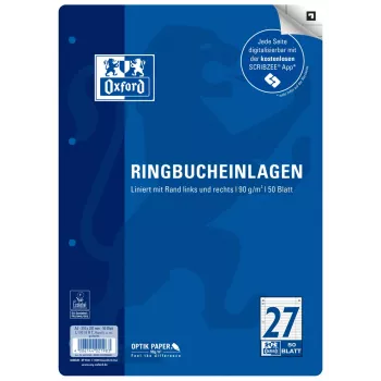 Oxford A4 viivoitettu täyttöpaperi, viivoitus 27, 50 arkkia, 4-kertainen reijitys, 80 g/m² 400131582