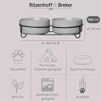 Ritzenhoff & Breker TARO kaksinkertainen koiranruokakuppisetti, 880 ml, harmaa kivitavara ja musta metalliteline 450521